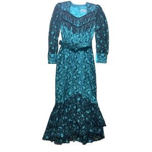 Lilia Smitty 80's COUNTRY Teal GREEN Fringe Western Dress Cowgirl Rodeo Fitted